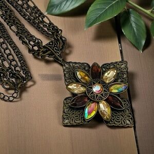Gorgeous Bronze Floral Cross Pendant Statement Necklace